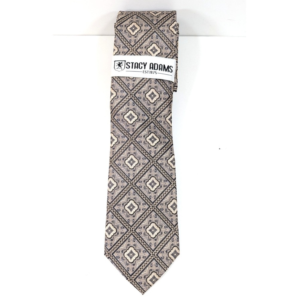 Mens Stacy Adams Geometric Beige Brown Pattern Tie With Matching Pocket Square
